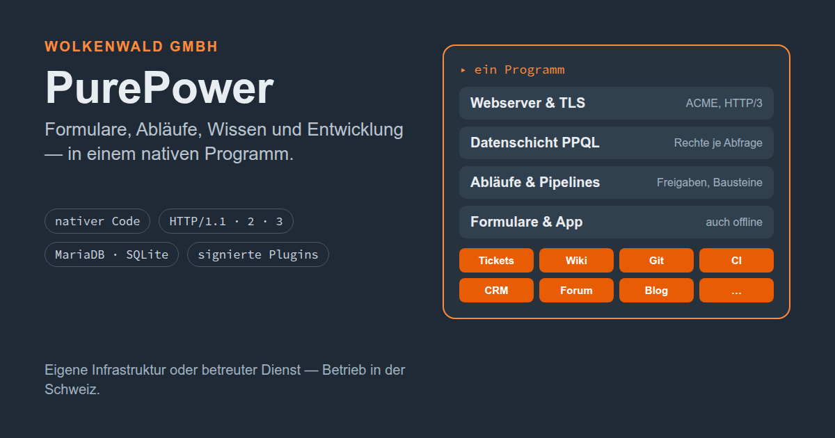 PurePower: Webserver, Datenschicht, Abläufe und Formulare in einem Programm, erweitert durch Plugins